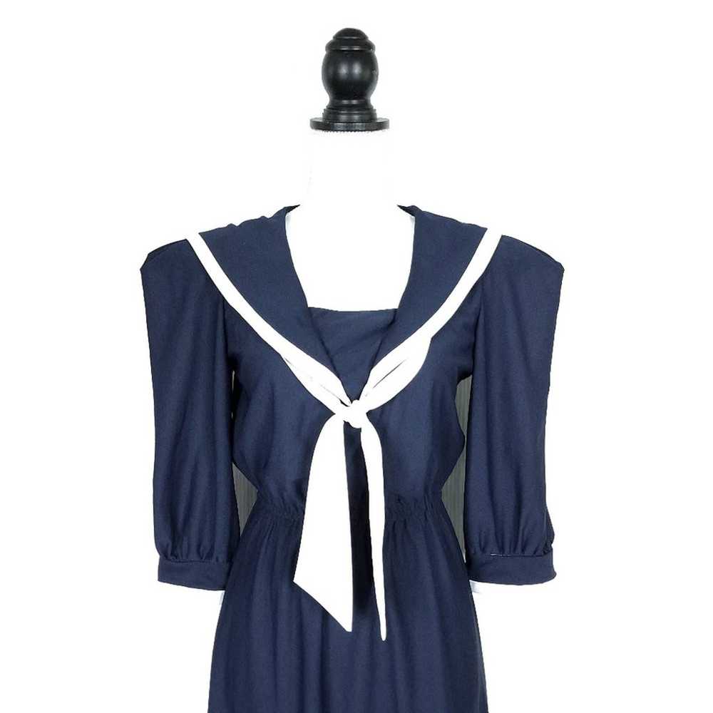 Vintage 80's Navy Blue Nautical Sailor Dress Smal… - image 2