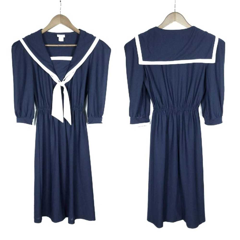 Vintage 80's Navy Blue Nautical Sailor Dress Smal… - image 4