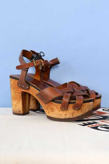 1970s Leapin' Lizards Leather and Wood Platforms 8
