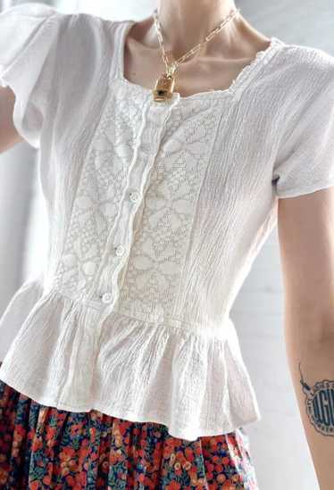 70s gauze cotton & lace flutter top