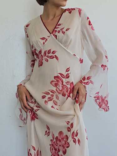 Vintage Flutter Sleeve Rose Silk Dress - White/Red