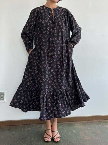 Vintage Silk Floral Print Easy Dress - Black