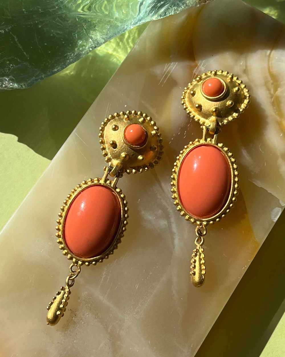 90s Gold & Pink Cabochon Earrings - image 2