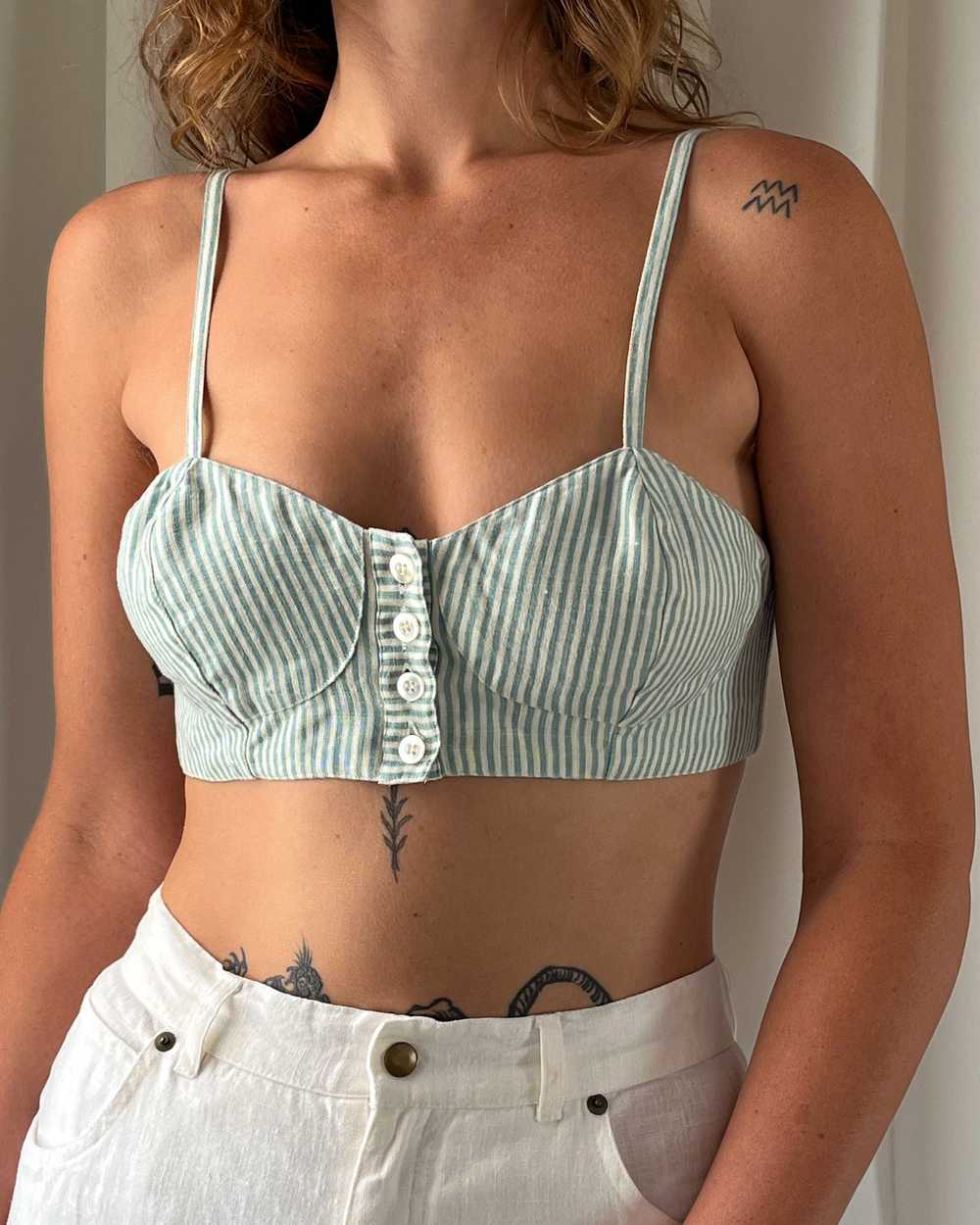 80s Linen Stripe Bra Top | M - image 1