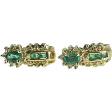 14K Oval Emerald Diamond Halo Vintage Stud Earrin… - image 1