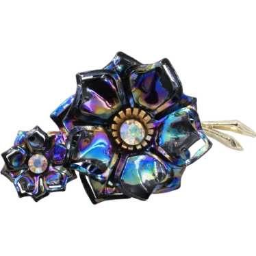 Brooch Pin Iridescent Enamel Rhinestone Flower - image 1