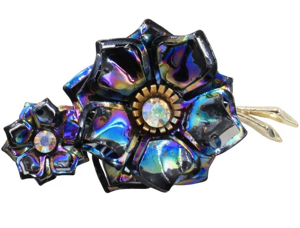 Brooch Pin Iridescent Enamel Rhinestone Flower - image 2