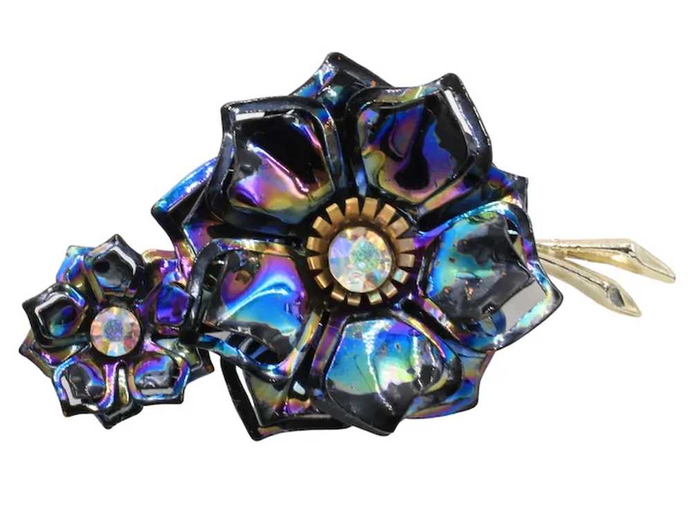 Brooch Pin Iridescent Enamel Rhinestone Flower - image 3