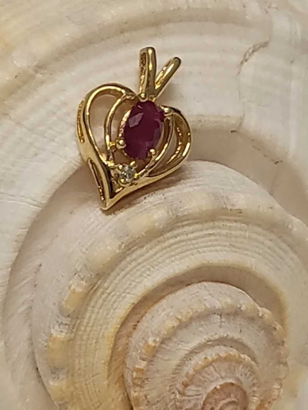 14K Yellow Gold Ruby Diamond Heart Pendant for Ne… - image 2