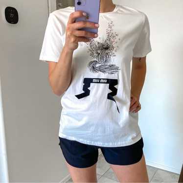 【Jiro】MIU MIU frill design Tshirts Miu Miu 19SS Black Cotton Tee with Frill Hem and MIUMIU Logo