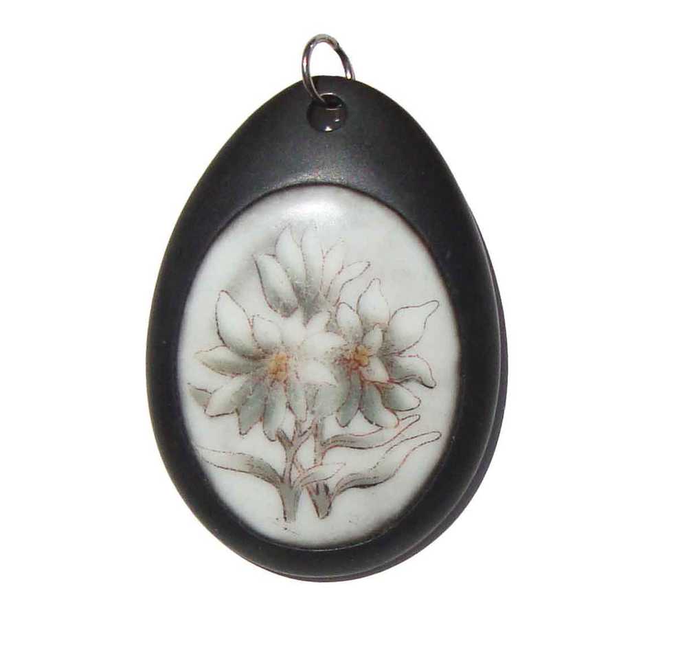 Antique Vulcanite & Porcelain Mourning Pendant Ha… - image 1