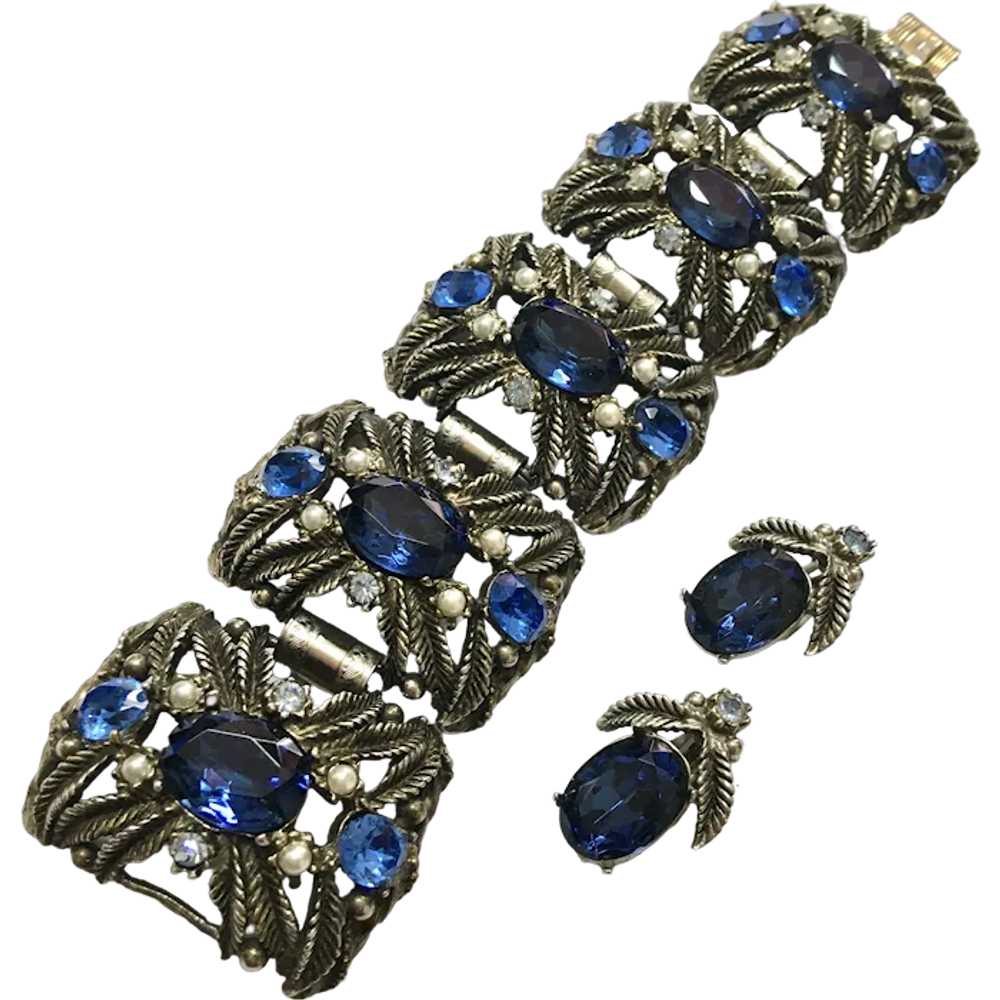 Wide Bracelet Plus Clip-On Earrings – Blue Rhines… - image 1