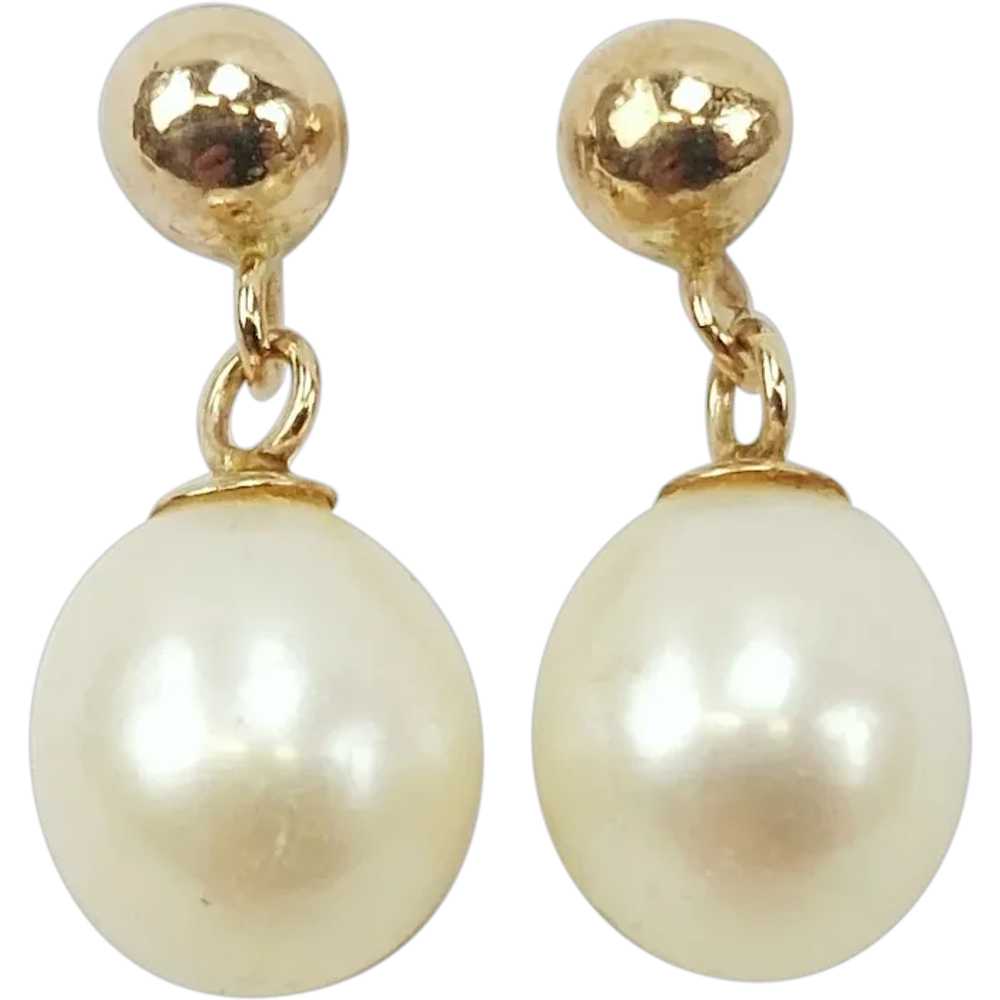 Pair of 9ct Gold Pearl Dangle Earrings - image 1