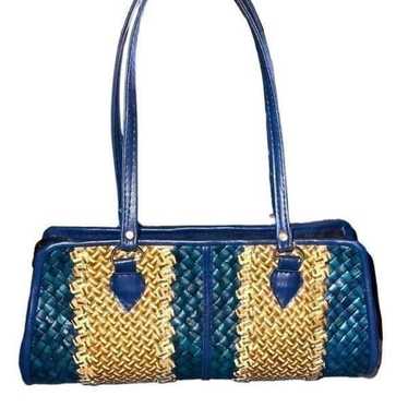 Vintage straw purse, blue and natural woven straw! - image 1