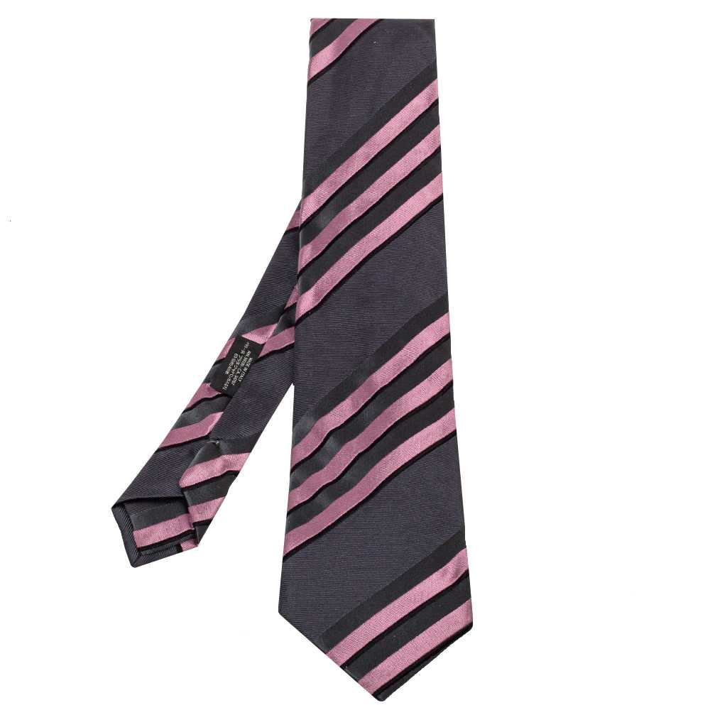 Prada Grey & Pink Diagonal Striped Silk Tie.. - image 1