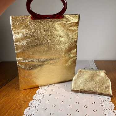 Vintage 60s 70s gold metallic tote bag folds into… - image 1