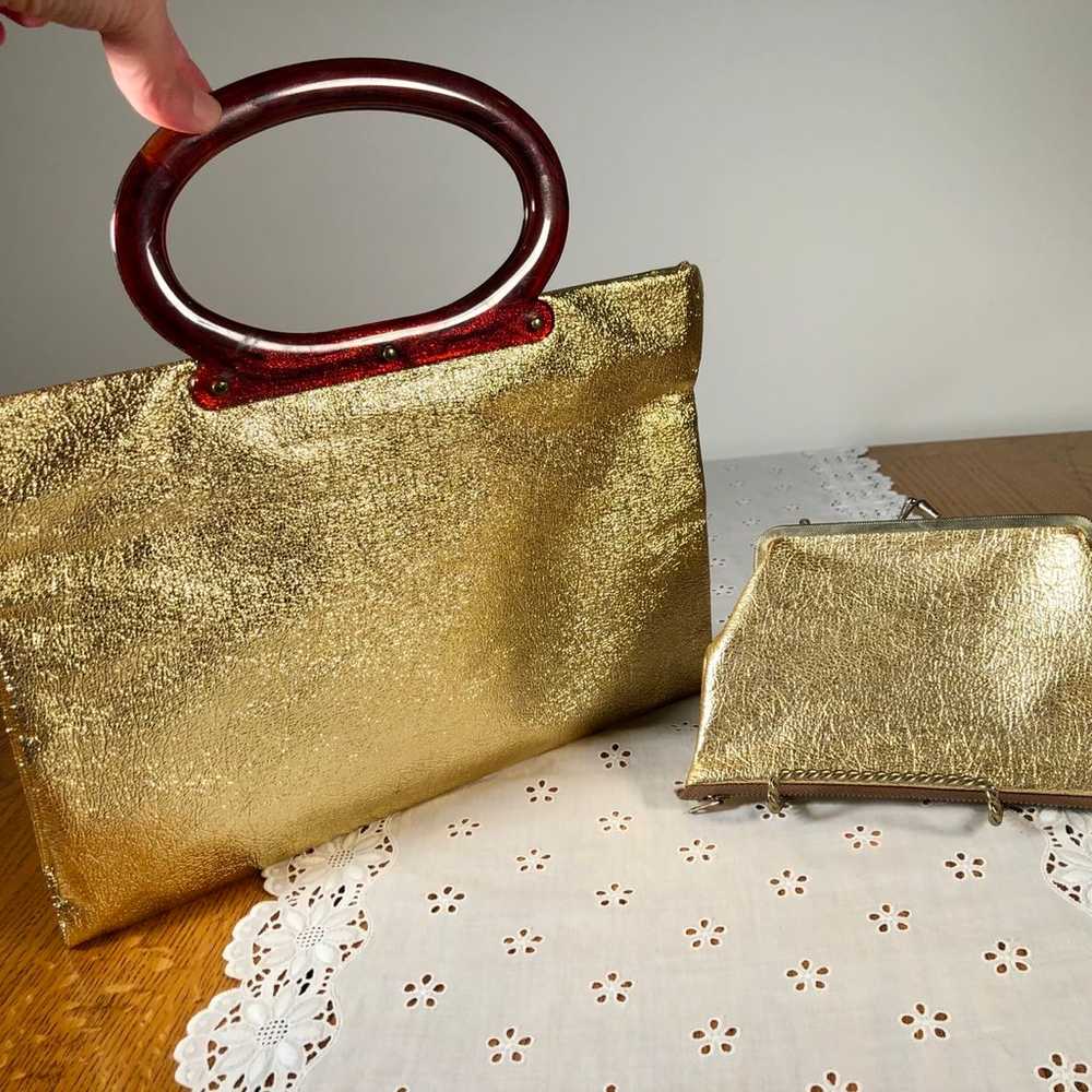 Vintage 60s 70s gold metallic tote bag folds into… - image 2