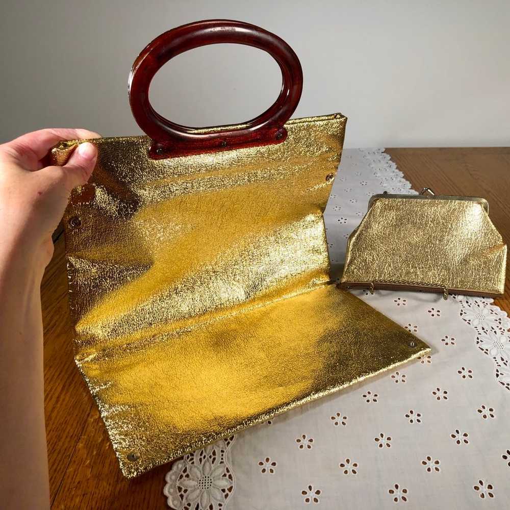 Vintage 60s 70s gold metallic tote bag folds into… - image 3