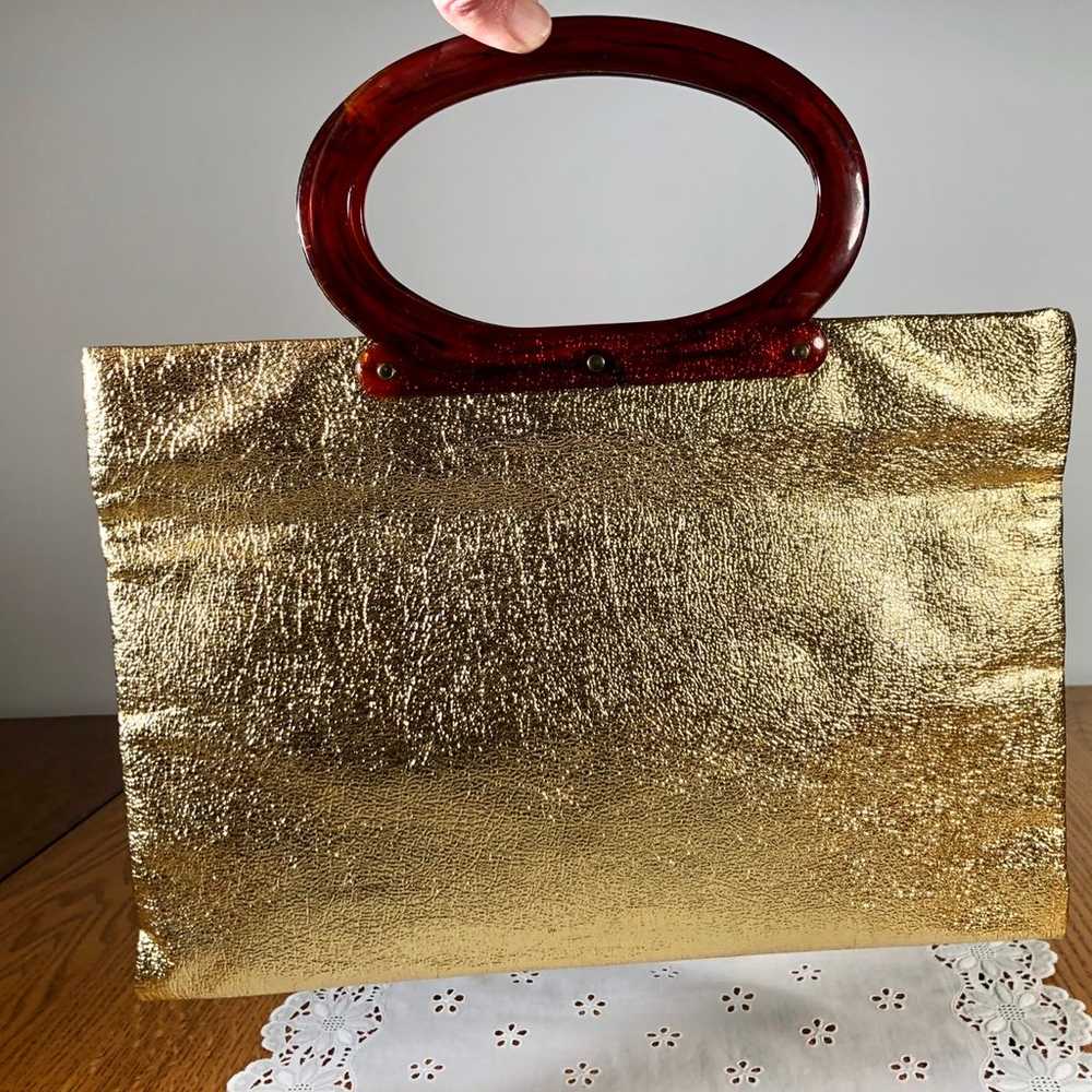 Vintage 60s 70s gold metallic tote bag folds into… - image 6