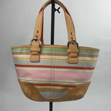 Vintage Coach leather fabric Striped Mini Tote ha… - image 1