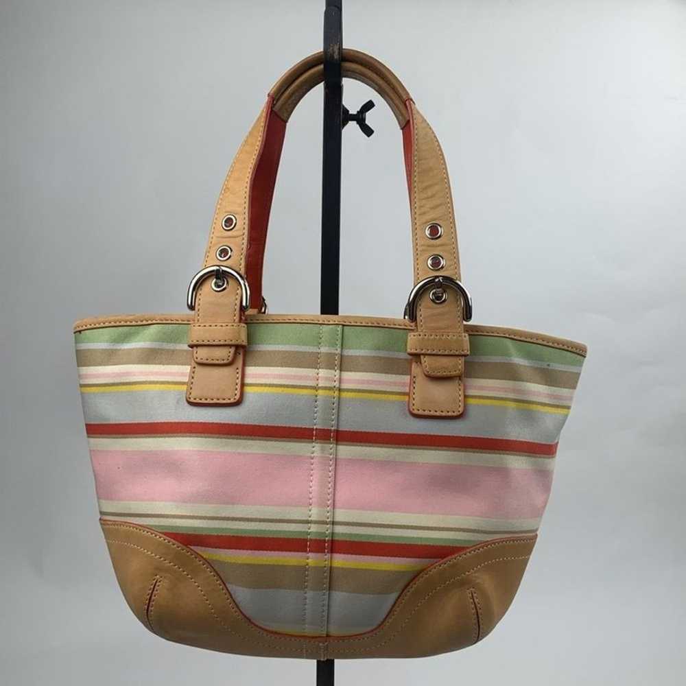 Vintage Coach leather fabric Striped Mini Tote ha… - image 2