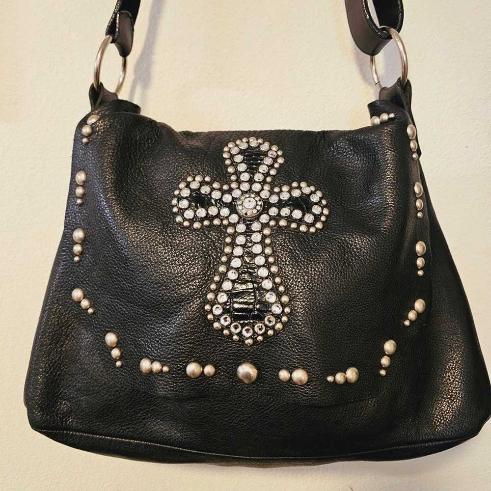 Leatherock USA Emb. Crystal Cross Blk. Studded Ha… - image 2