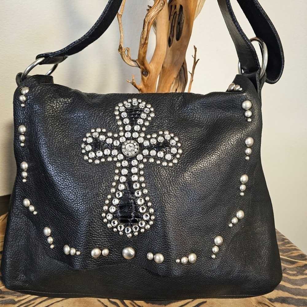 Leatherock USA Emb. Crystal Cross Blk. Studded Ha… - image 9