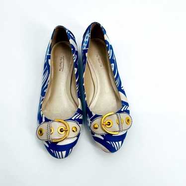 Talbots Flat Leather Satin Blue White Gold Size 6.