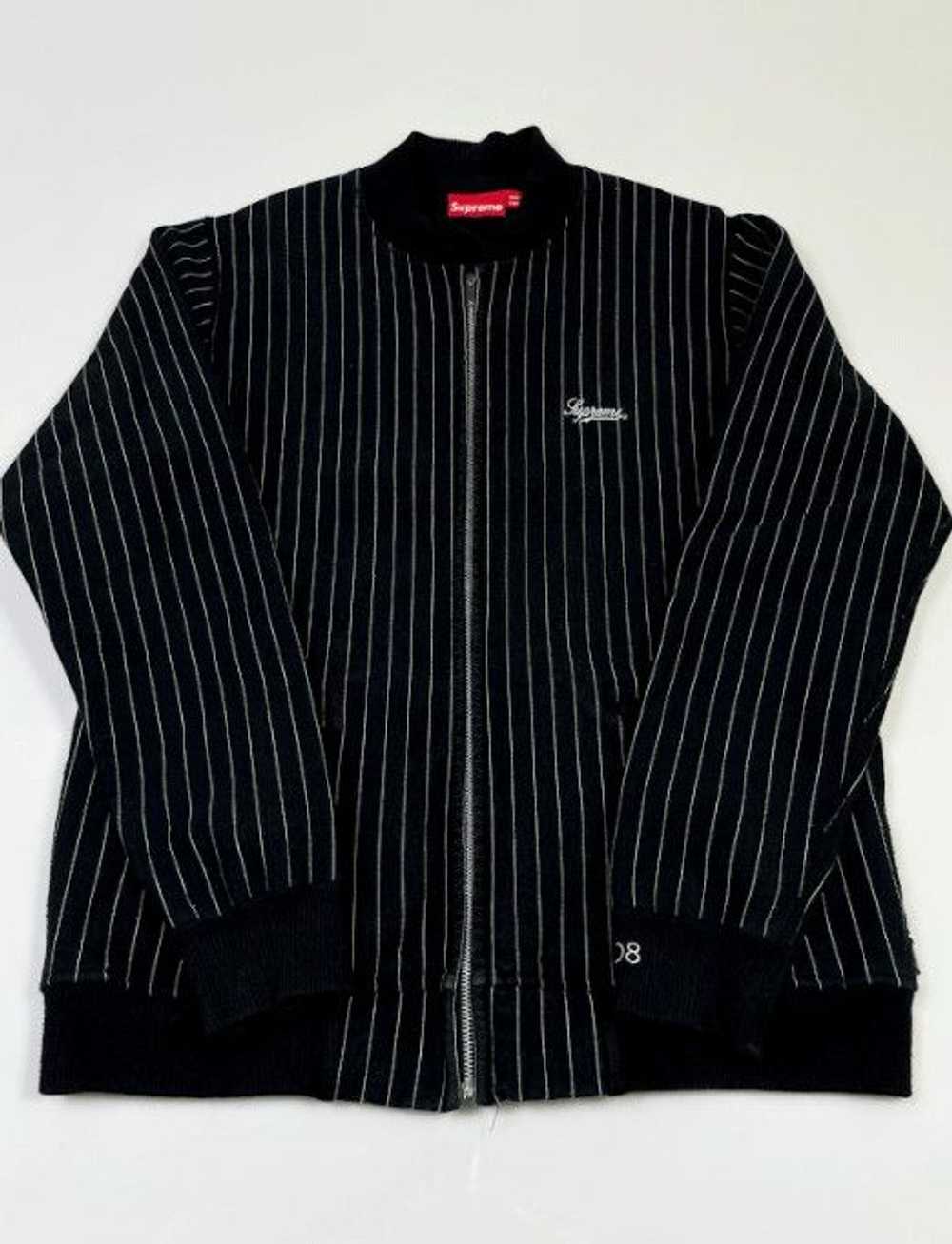 Supreme Script Logo Pinstripe Varsity Jacket Black - image 1