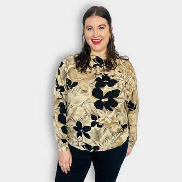 90s Alfred Dunner Tan and Black Floral Blouse - image 1