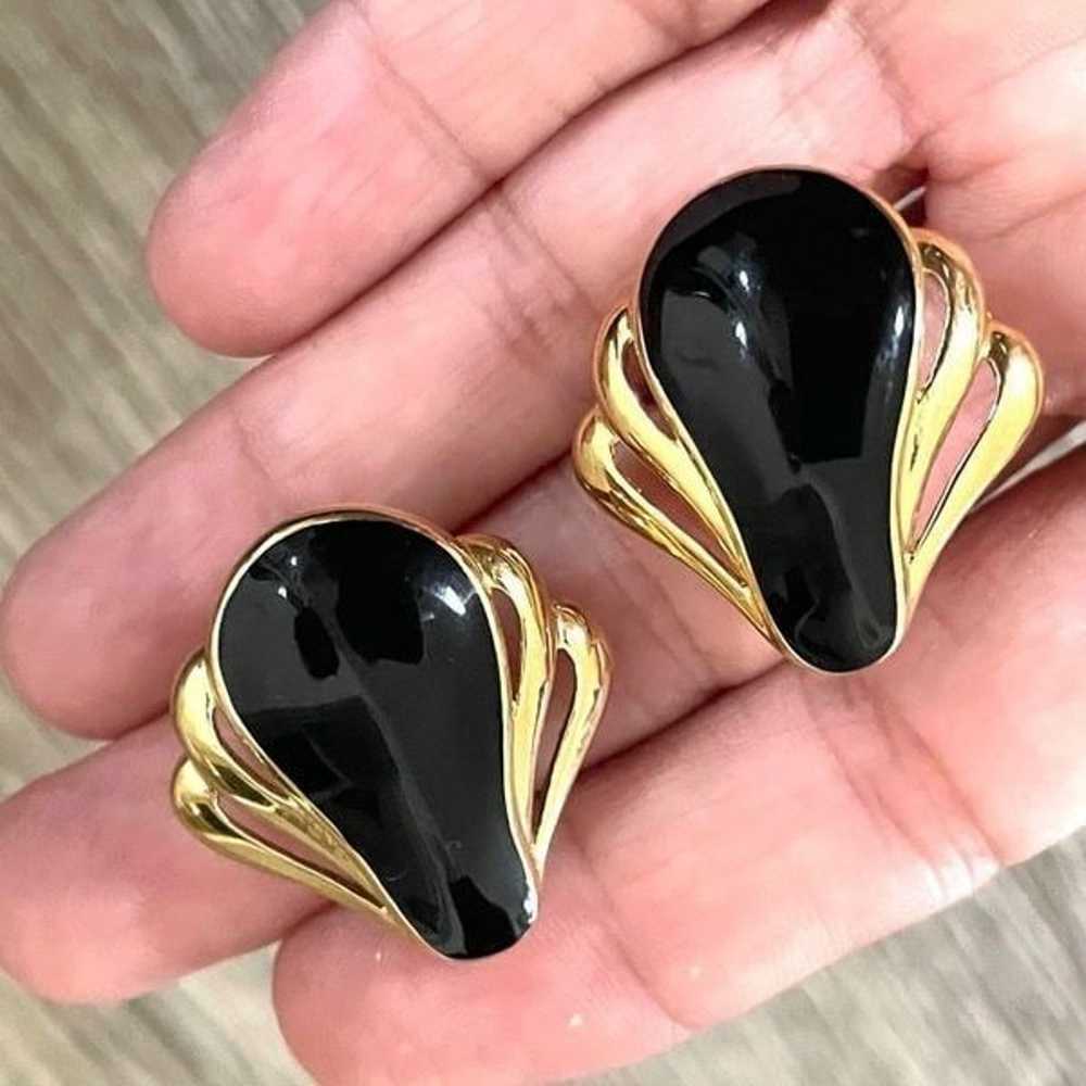 Vintage Monet black and gold tone clip on earrings - image 1