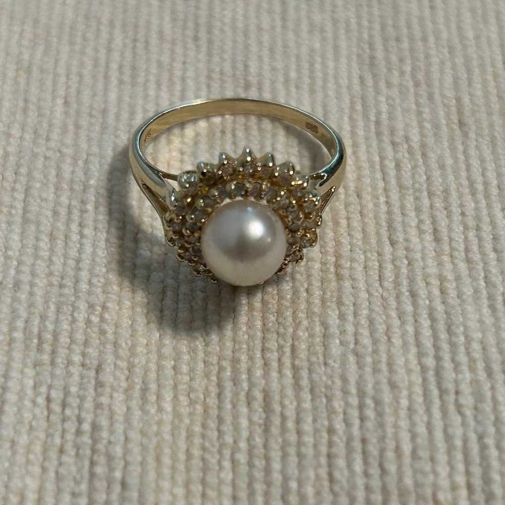 14k Pearl and Diamond Cocktail Ring, Vintage Yell… - image 1