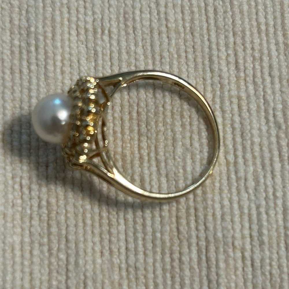 14k Pearl and Diamond Cocktail Ring, Vintage Yell… - image 2