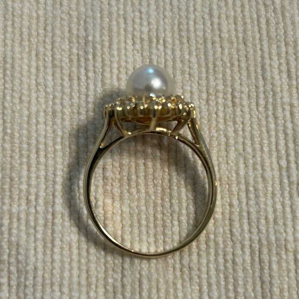 14k Pearl and Diamond Cocktail Ring, Vintage Yell… - image 3