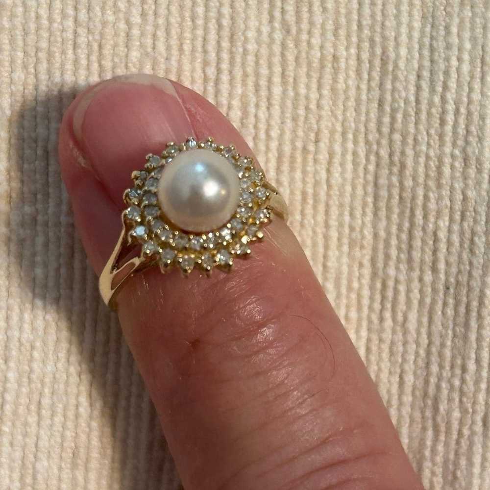 14k Pearl and Diamond Cocktail Ring, Vintage Yell… - image 4