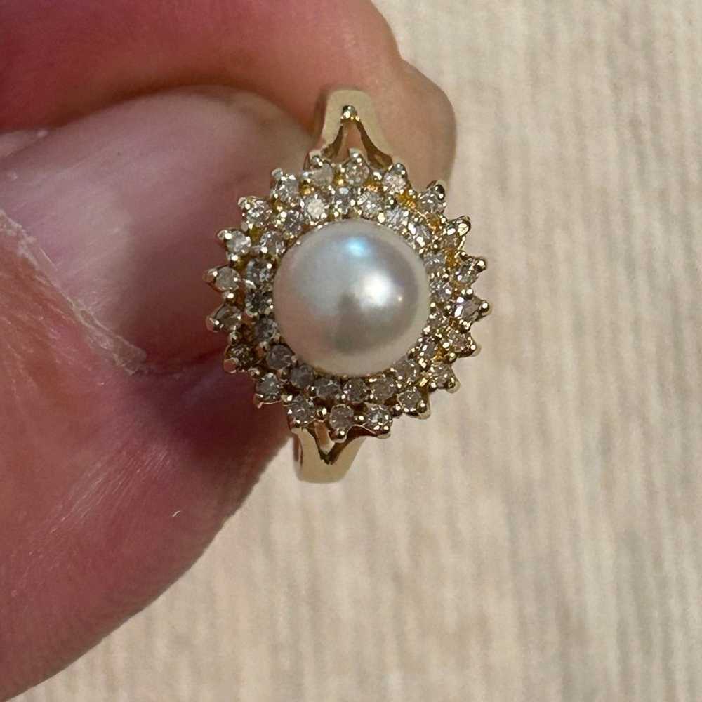 14k Pearl and Diamond Cocktail Ring, Vintage Yell… - image 5