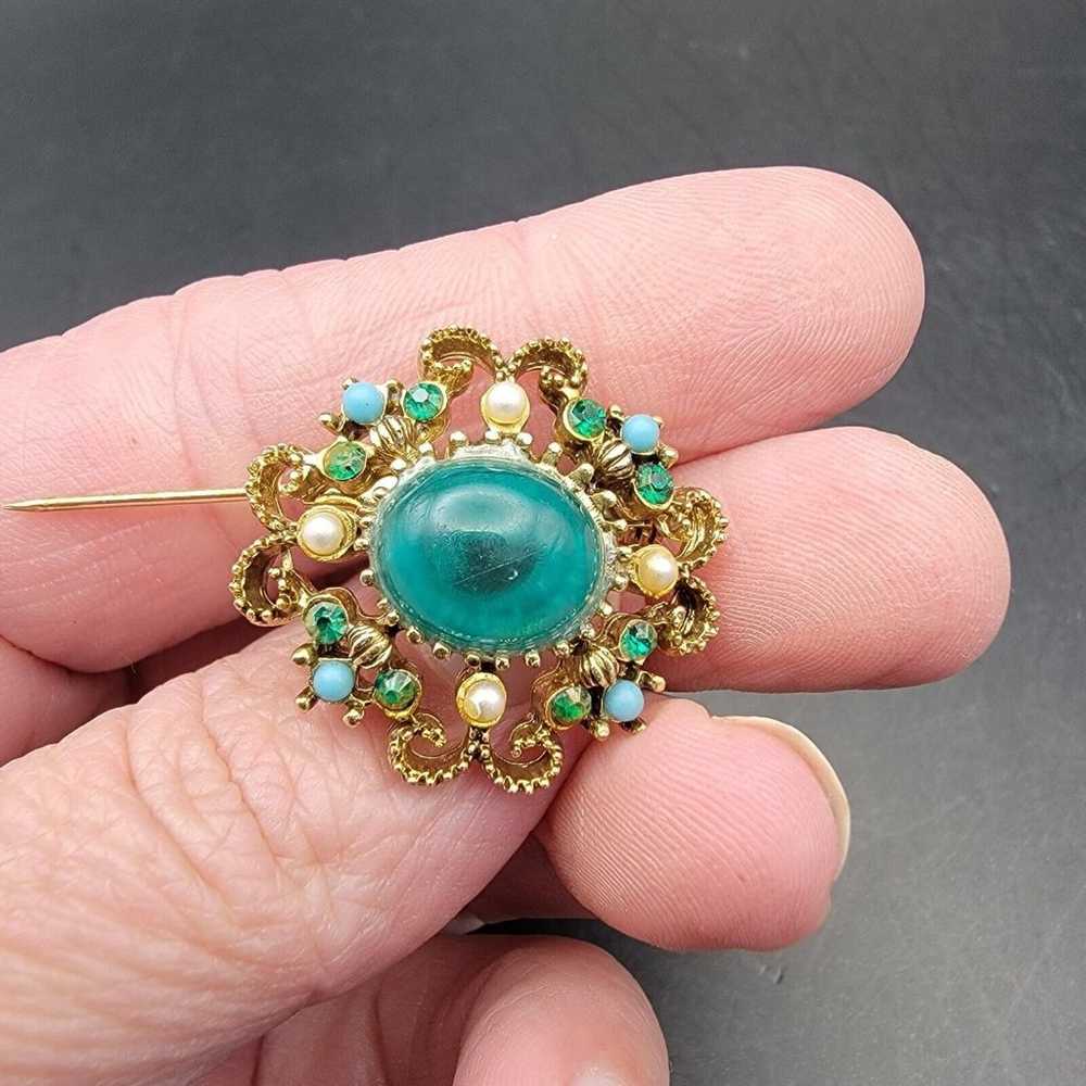 Vintage Gold Tone Broach With Blue And Green Rhin… - image 4