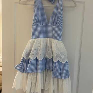 Blue and white gingham ruffle dress