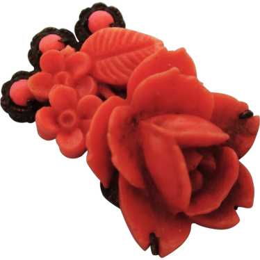 Vintage 1930's Carved Coral Celluloid Floral Peti… - image 1