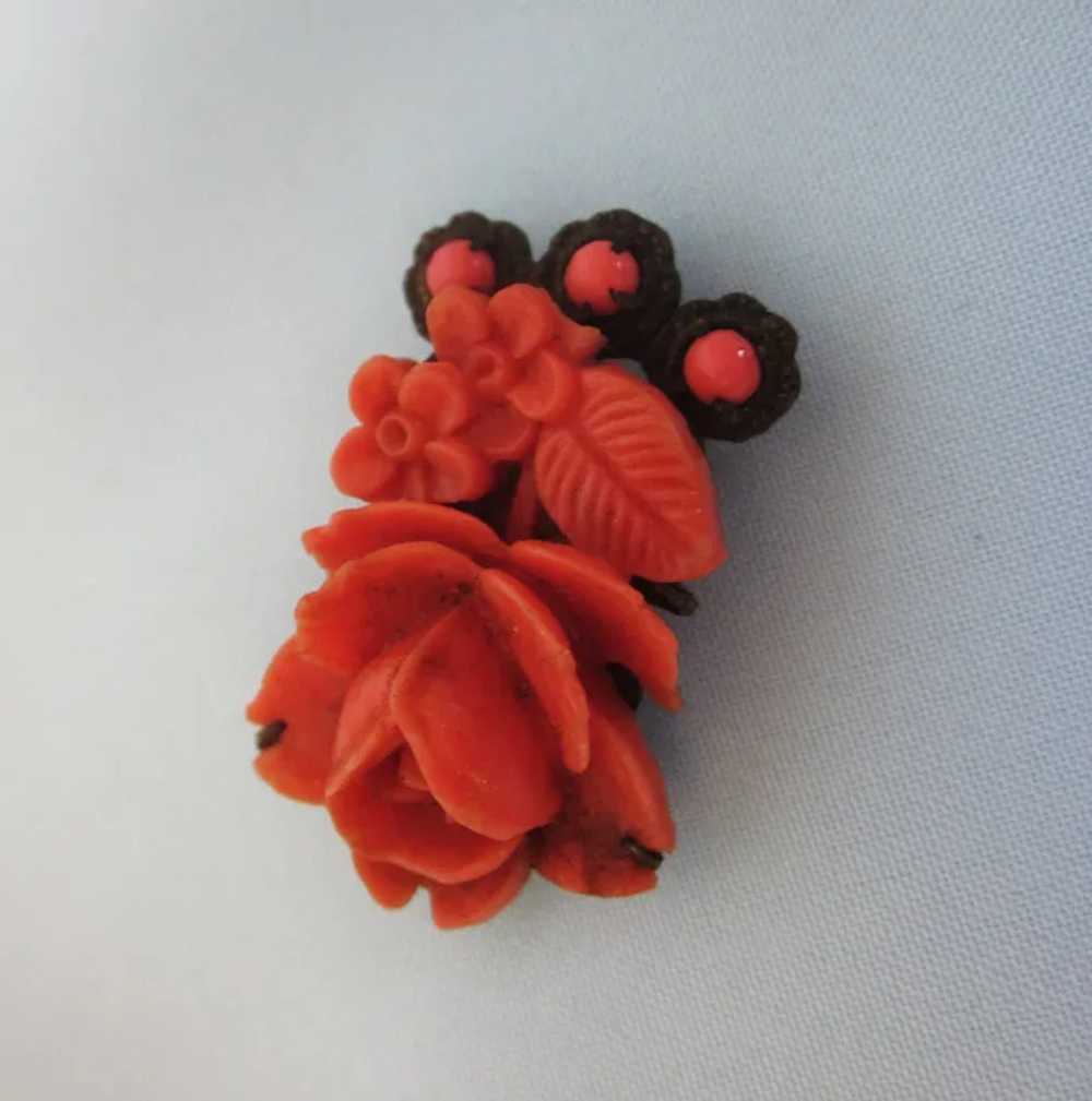 Vintage 1930's Carved Coral Celluloid Floral Peti… - image 2