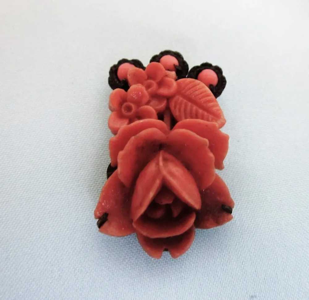 Vintage 1930's Carved Coral Celluloid Floral Peti… - image 3