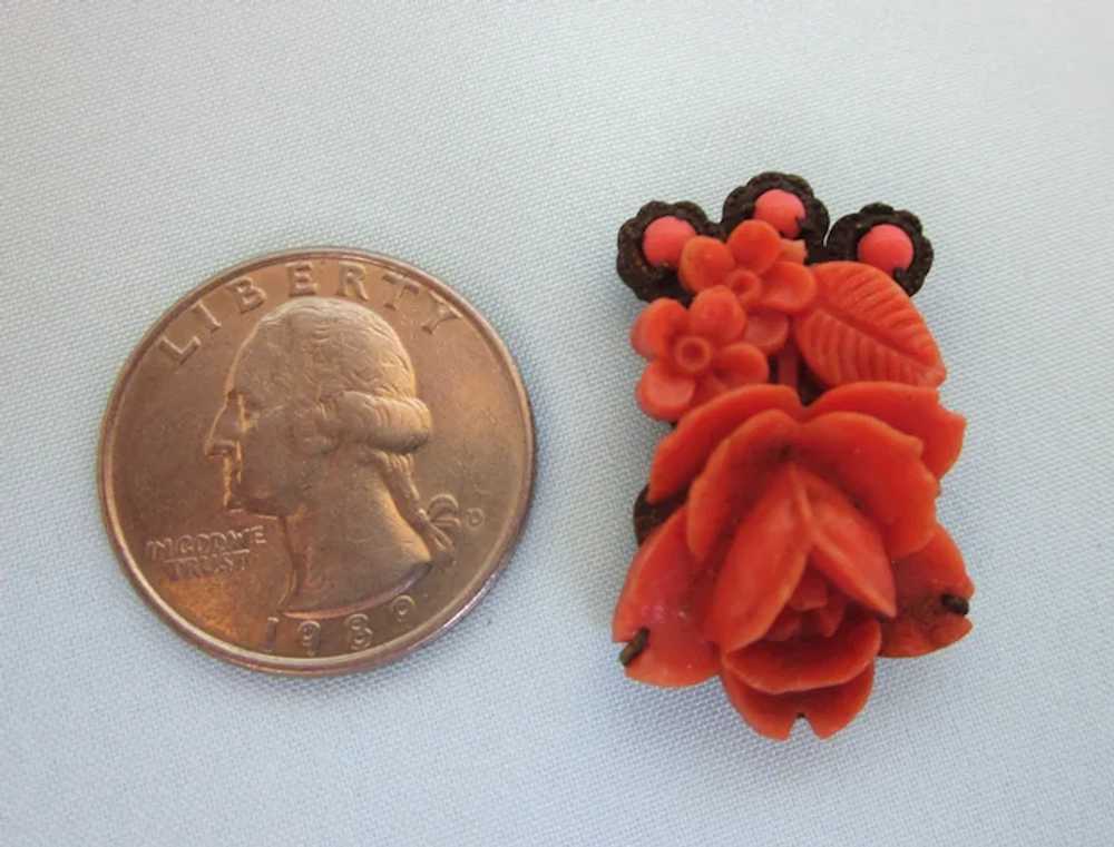 Vintage 1930's Carved Coral Celluloid Floral Peti… - image 4