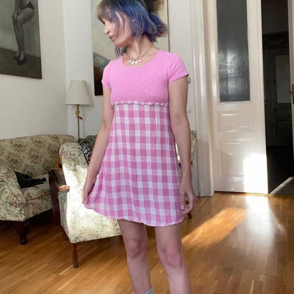 VINTAGE 90s Pink & White Plaid Floral Dress - image 2