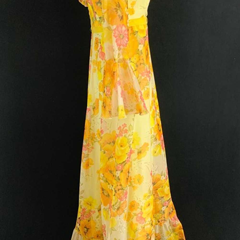 70s Yellow Floral Chiffon Trumpet Sleeve Maxi Dre… - image 10