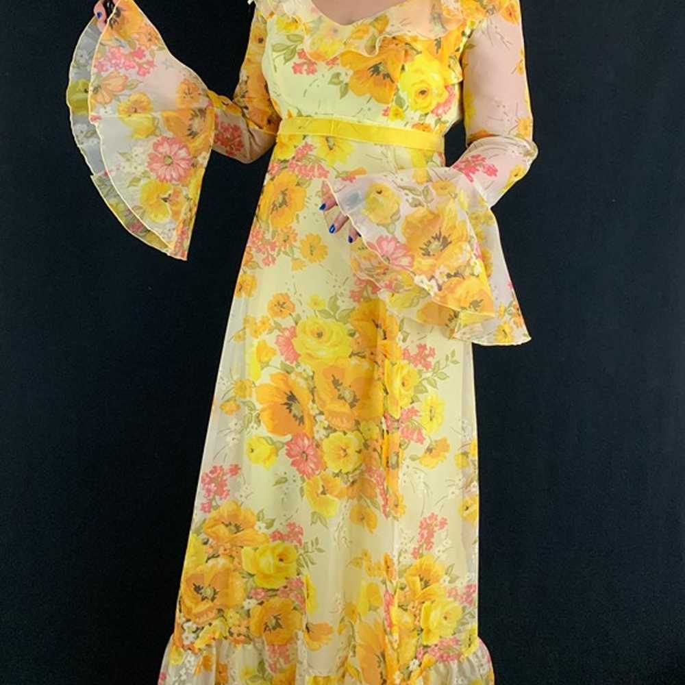 70s Yellow Floral Chiffon Trumpet Sleeve Maxi Dre… - image 1