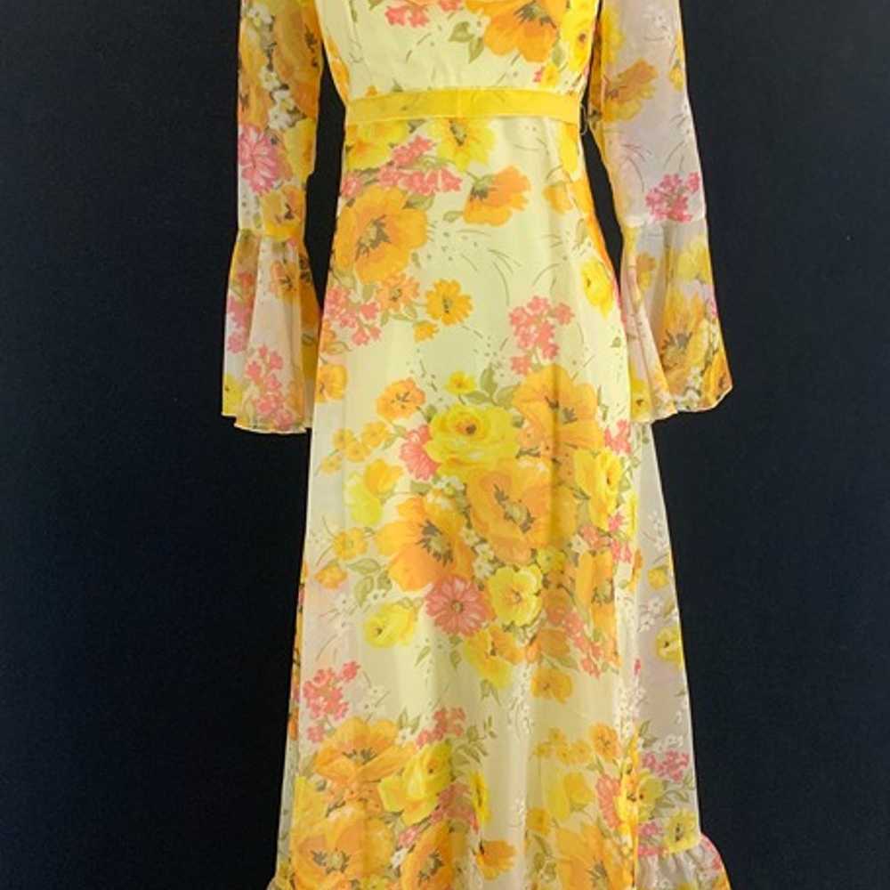 70s Yellow Floral Chiffon Trumpet Sleeve Maxi Dre… - image 2