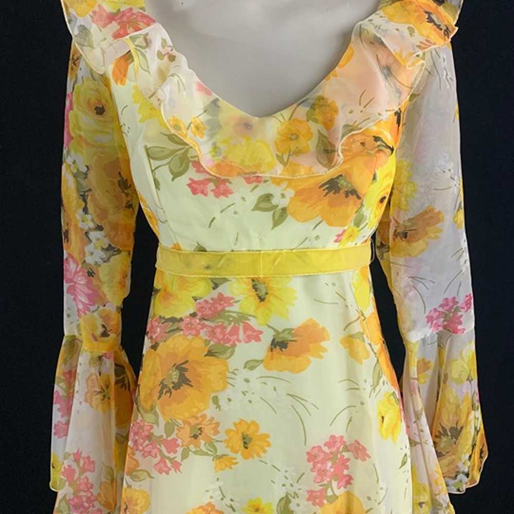 70s Yellow Floral Chiffon Trumpet Sleeve Maxi Dre… - image 3