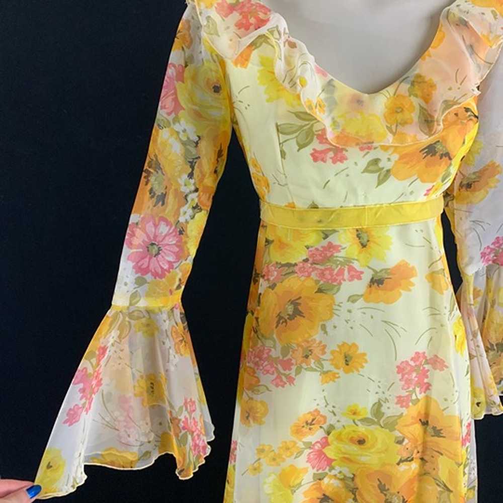 70s Yellow Floral Chiffon Trumpet Sleeve Maxi Dre… - image 4