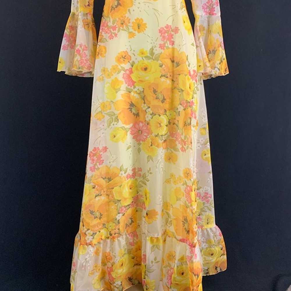 70s Yellow Floral Chiffon Trumpet Sleeve Maxi Dre… - image 6