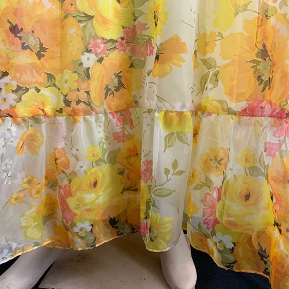 70s Yellow Floral Chiffon Trumpet Sleeve Maxi Dre… - image 7